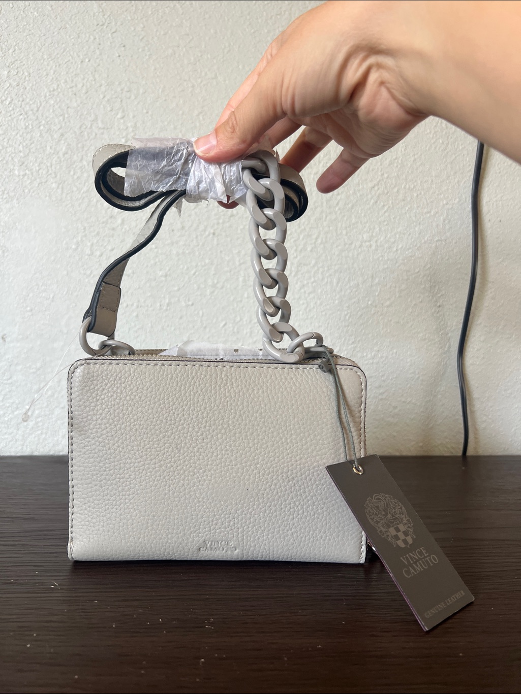 Vince Camuto Cream Pebbled Leather Crossbody Bag With Chain Strap